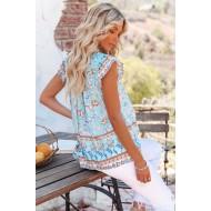 Nebeško modra majica brez rokavov z okraski in z okroglim izrezom s cvetličnim potiskom Marion