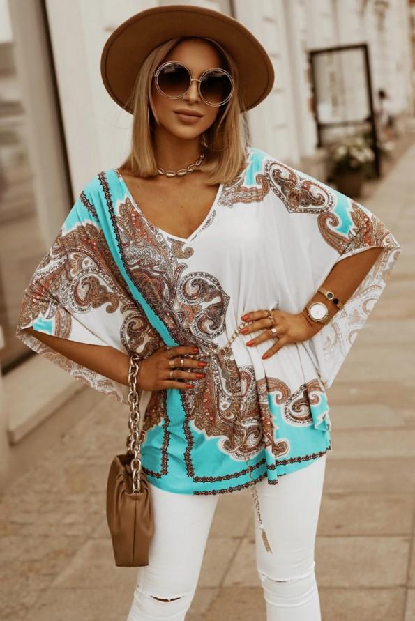 Nebeško modra majica za prosti čas z netopirnimi rokavi z motivom Paisley