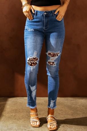Nebeško modre kavbojke z leopardovimi spojkami Skinny 
