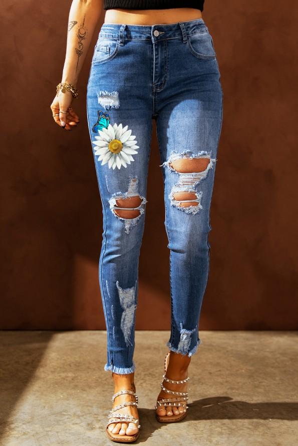 Nebeško modre oprijete oprijete kavbojke z metuljčki s potiskom Daisy