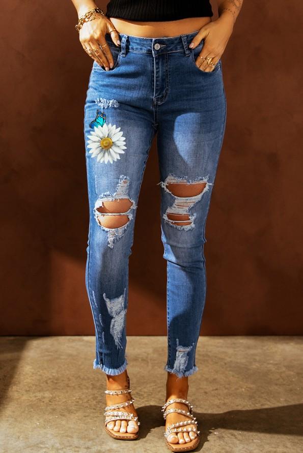 Nebeško modre oprijete oprijete kavbojke z metuljčki s potiskom Daisy