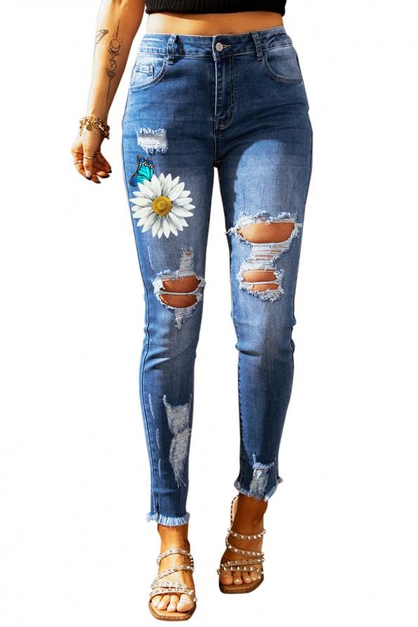 Nebeško modre oprijete oprijete kavbojke z metuljčki s potiskom Daisy