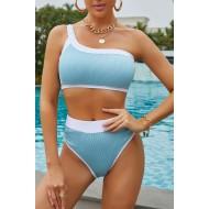 Nebeško modri bikini komplet z visokim pasom na eno ramo Brina