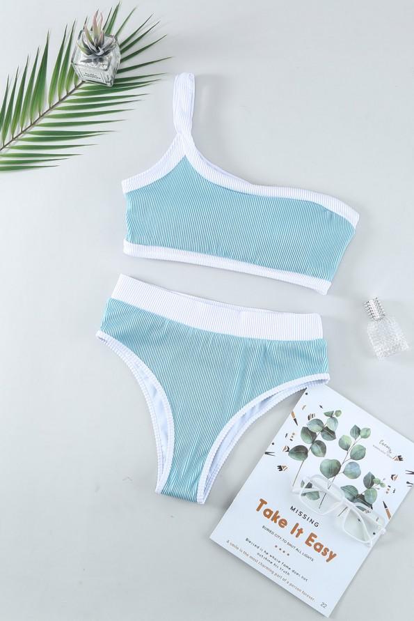 Nebeško modri bikini komplet z visokim pasom na eno ramo Brina