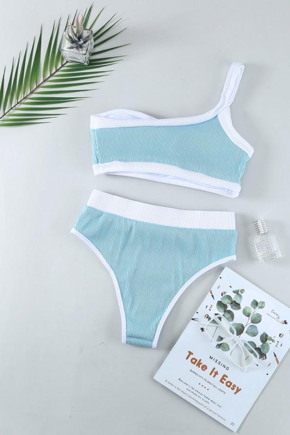 Nebeško modri bikini komplet z visokim pasom na eno ramo Brina