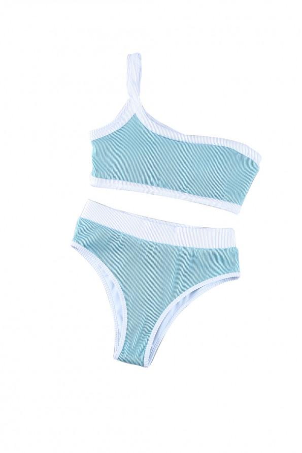 Nebeško modri bikini komplet z visokim pasom na eno ramo Brina