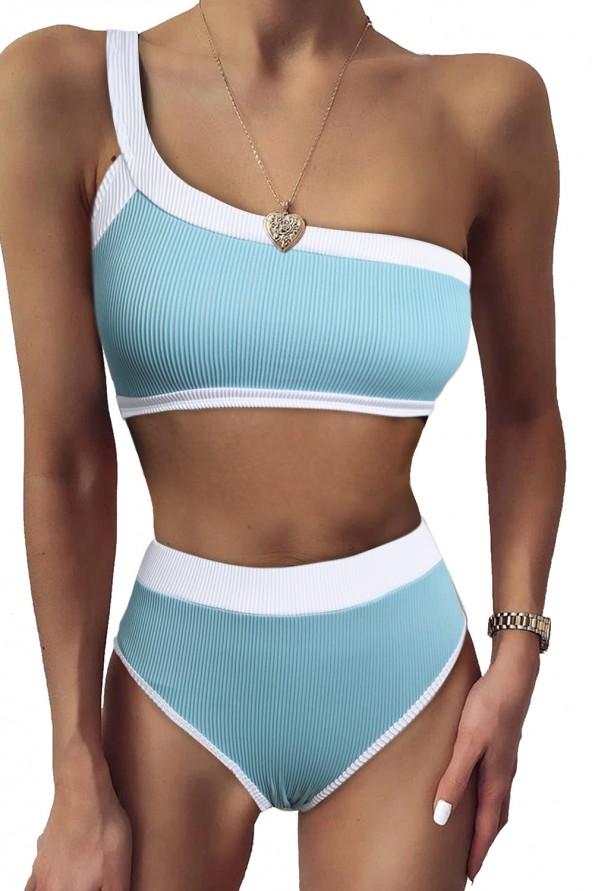 Nebeško modri bikini komplet z visokim pasom na eno ramo Brina