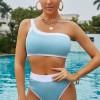 Nebeško modri bikini komplet z visokim pasom na eno ramo Brina