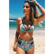 Nebeško modri bikini z visokim pasom s cvetličnim potiskom Sarah