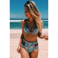 Nebeško modri bikini z visokim pasom s cvetličnim potiskom Sarah