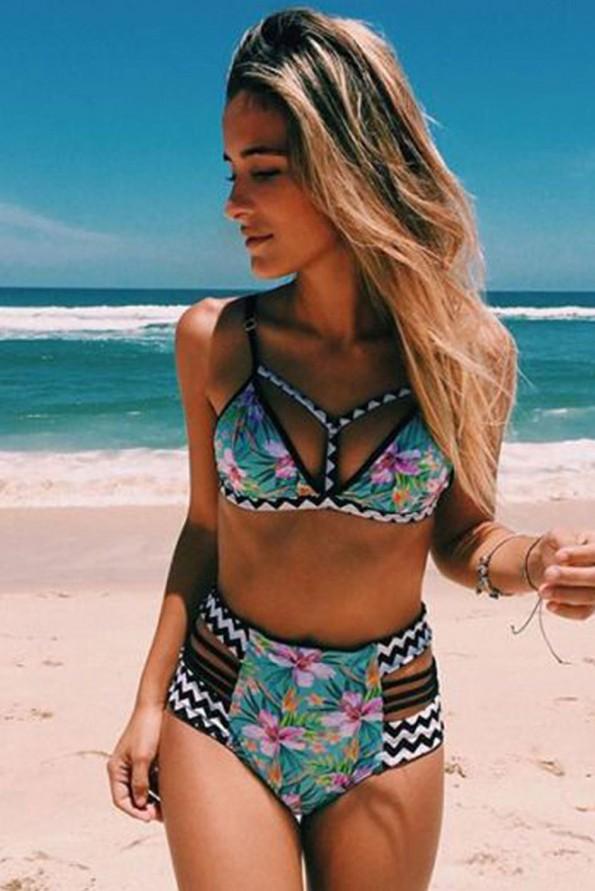 Nebeško modri bikini z visokim pasom s cvetličnim potiskom Sarah