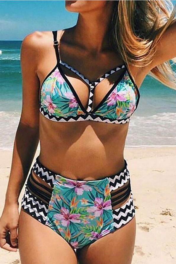 Nebeško modri bikini z visokim pasom s cvetličnim potiskom Sarah