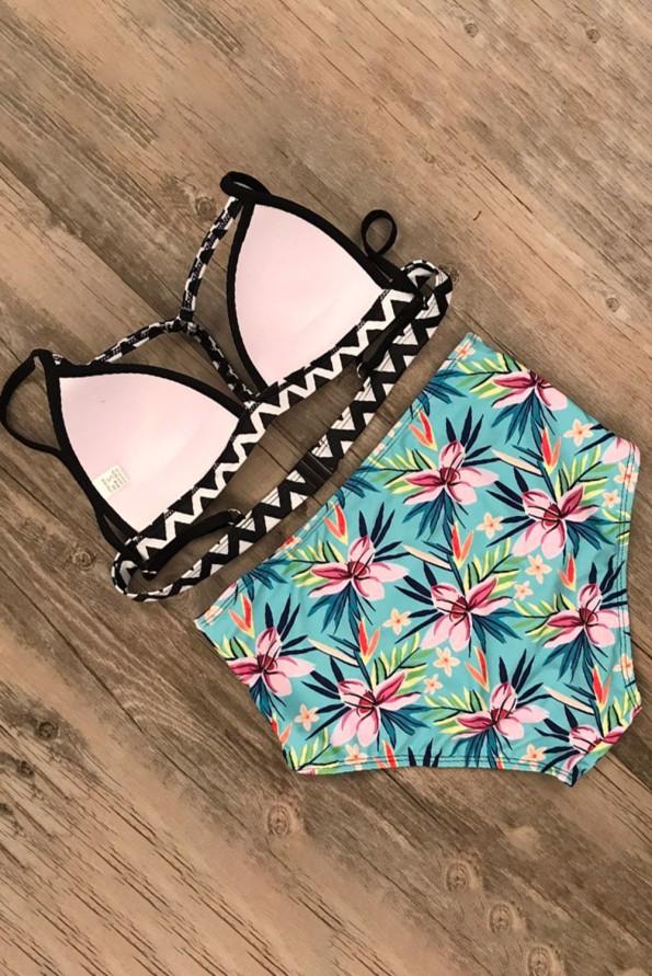 Nebeško modri bikini z visokim pasom s cvetličnim potiskom Sarah