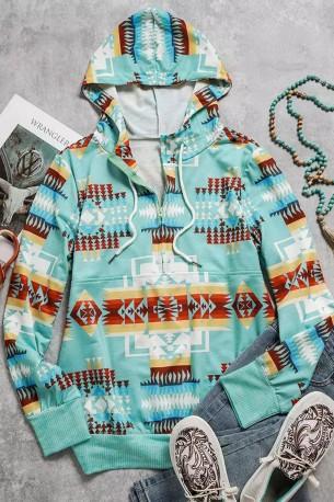 Nebesno moder pulover s kapuco in zadrgo z geometrijsko vrvico Aztec