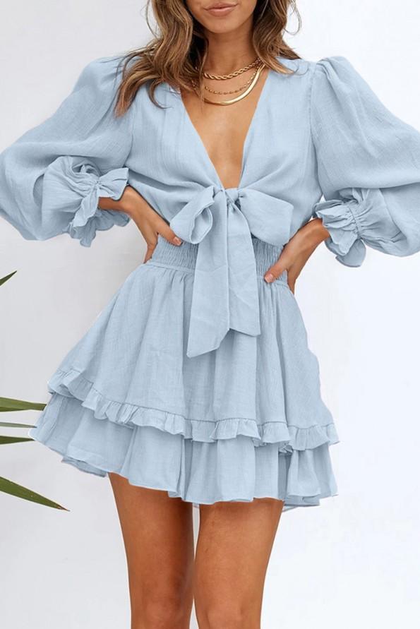 Nebesno modra mini obleka z globokim V izrezom Heidi