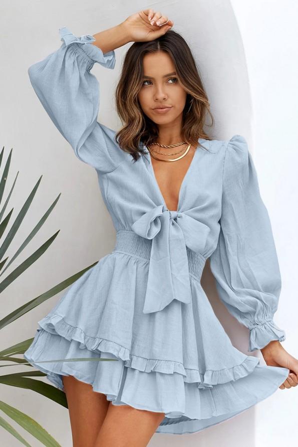 Nebesno modra mini obleka z globokim V izrezom Heidi