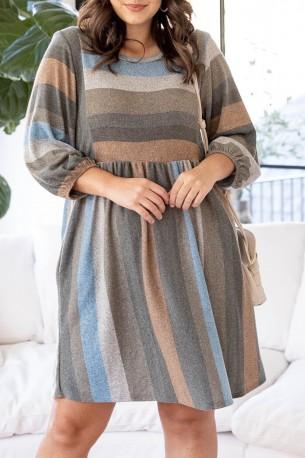 Obleka Empire s črtastim vzorcem in velikimi rokavi 3/4