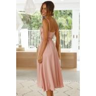 Obleka roza barve midi z naramnicami Ruffy