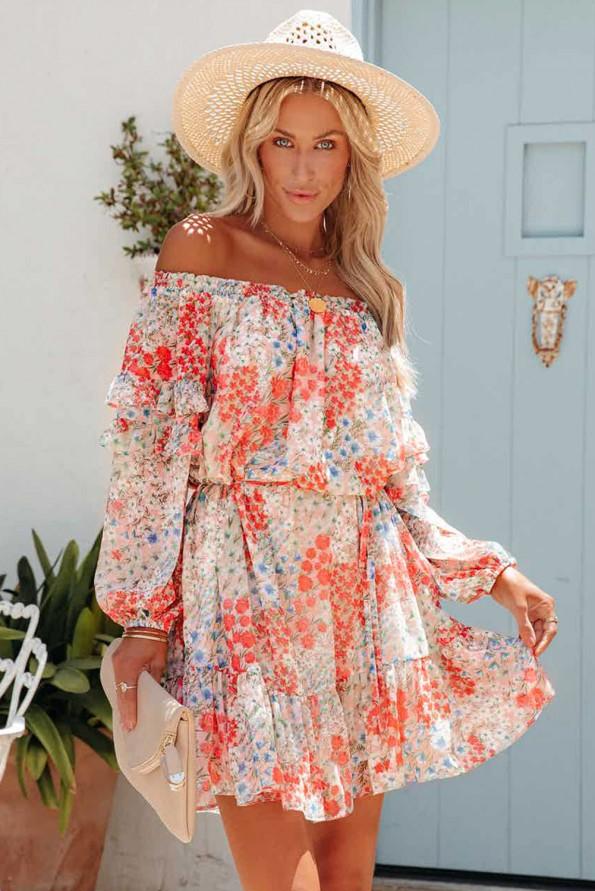 Obleka s cvetličnim potiskom in odprtimi rameni Natalie