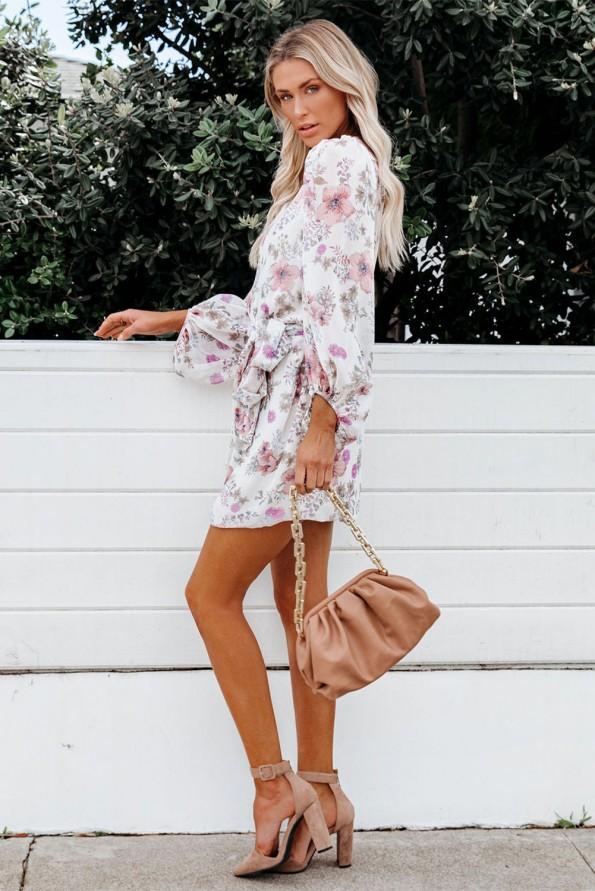 Obleka s cvetličnimi balonskimi rokavi Bathilde