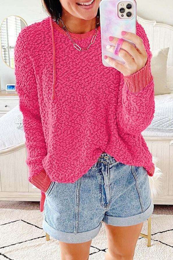 Ohlapen pulover s kapuco in teksturo Rose