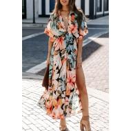 Oranžna cvetlična kimono dolga obleka z razrezom Sya