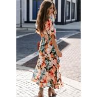 Oranžna cvetlična kimono dolga obleka z razrezom Sya