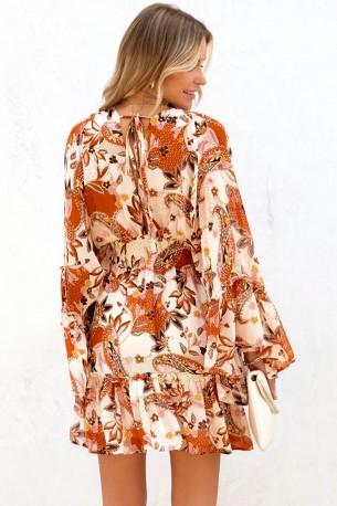 Oranžna mini obleka z visokim pasom in cvetličnimi rokavi z naborki Zenna
