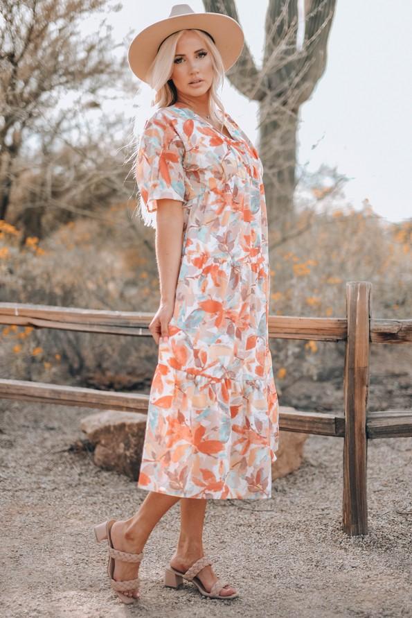 Oranžna sproščena obleka s kratkimi rokavi z akvarelnimi listi Gabry