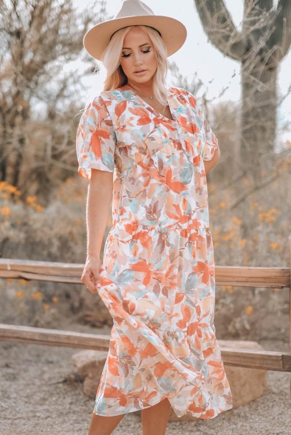 Oranžna sproščena obleka s kratkimi rokavi z akvarelnimi listi Gabry