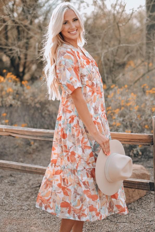 Oranžna sproščena obleka s kratkimi rokavi z akvarelnimi listi Gabry