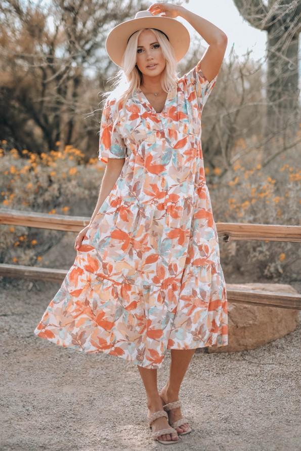 Oranžna sproščena obleka s kratkimi rokavi z akvarelnimi listi Gabry