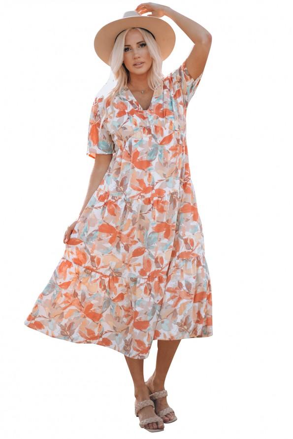 Oranžna sproščena obleka s kratkimi rokavi z akvarelnimi listi Gabry