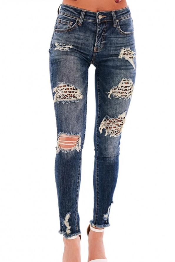 Raztegnjene bombažne kavbojke s srednje visokimi leopardnimi našitki Madelyn