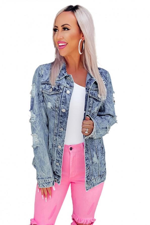 Raztrgana nebesno modra denim jakna z  gumbi Margareta
