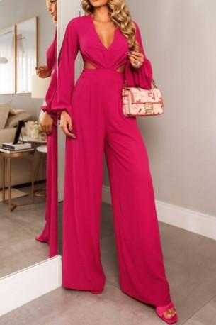 Rdeč kombinezon z mehurčastimi rokavi in širokim pasom Hanna