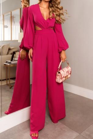 Rdeč kombinezon z mehurčastimi rokavi in širokim pasom Hanna