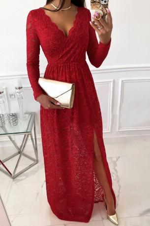Rdeča čipkasta maxi obleka z dolgimi rokavi in z V izrezom Noelle