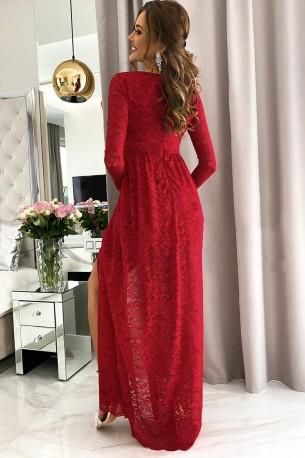 Rdeča čipkasta maxi obleka z dolgimi rokavi in z V izrezom Noelle