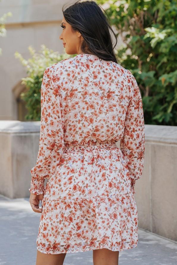 Rdeča mini cvetlična obleka visokim pasom Ulla