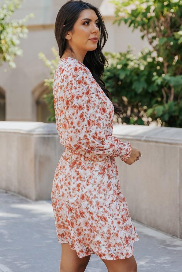 Rdeča mini cvetlična obleka visokim pasom Ulla