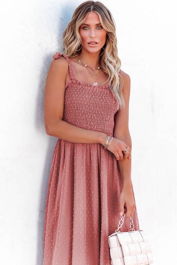 Rdeča oblečena švicarska maksi obleka s pikami Emma