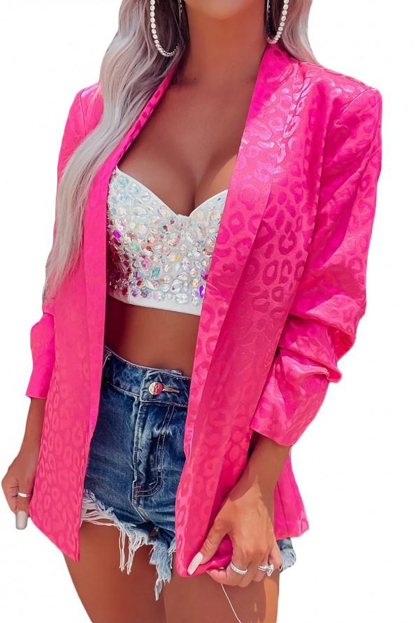 Rožnat blazer z dolgimi rokavi in z leopardjim ovratnikom Aliana