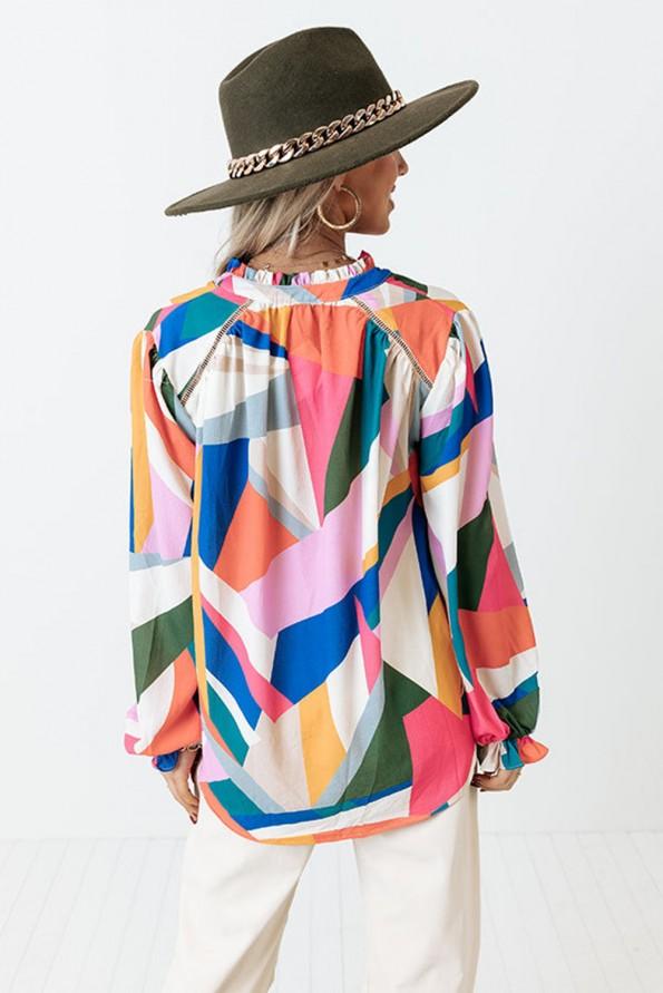 Rožnata bluza z geometričnim vzorcem patchwork  Jocelyn