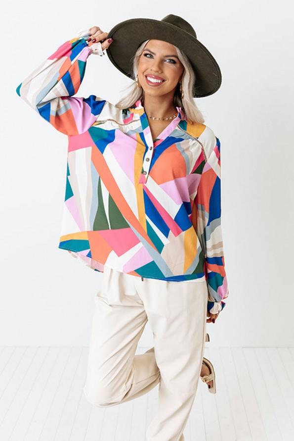 Rožnata bluza z geometričnim vzorcem patchwork  Jocelyn