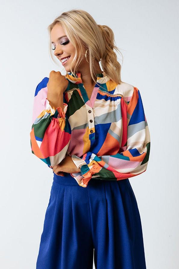 Rožnata bluza z geometričnim vzorcem patchwork  Jocelyn