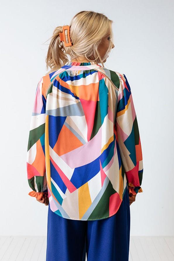 Rožnata bluza z geometričnim vzorcem patchwork  Jocelyn