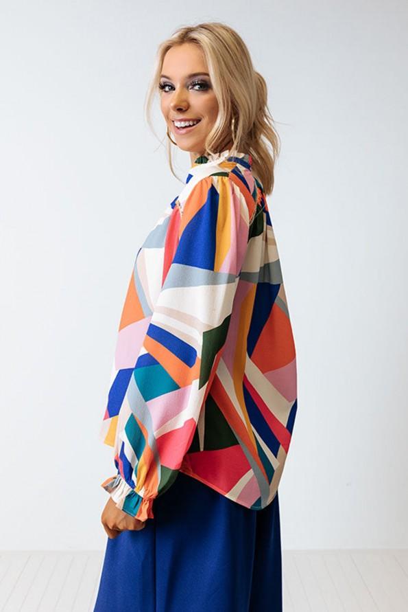 Rožnata bluza z geometričnim vzorcem patchwork  Jocelyn