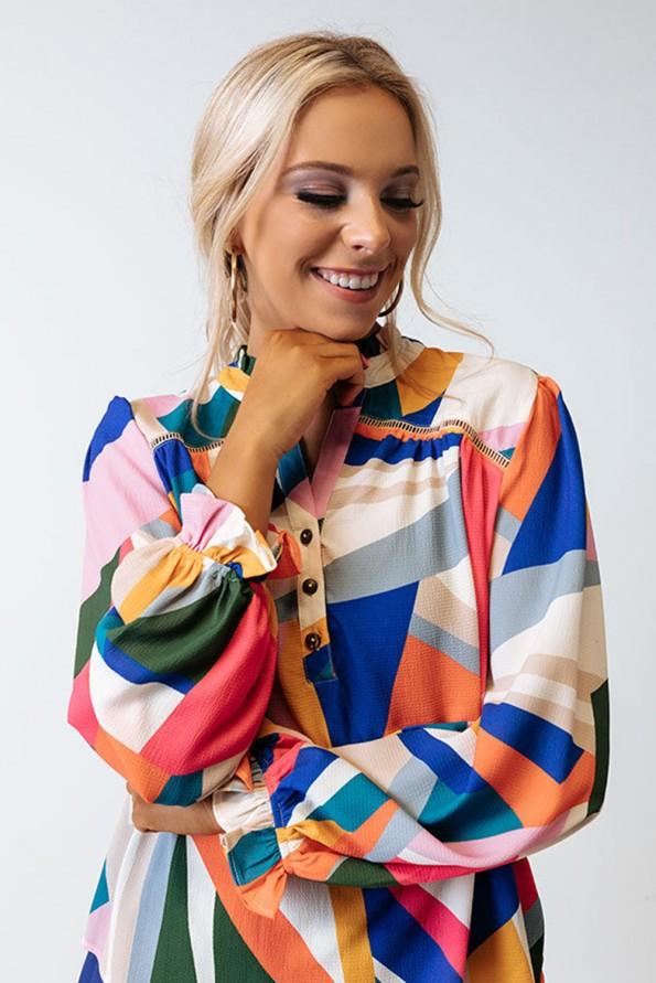 Rožnata bluza z geometričnim vzorcem patchwork  Jocelyn