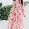 Rožnata boemska maksi obleka z dolgimi rokavi in razcepom Isabella